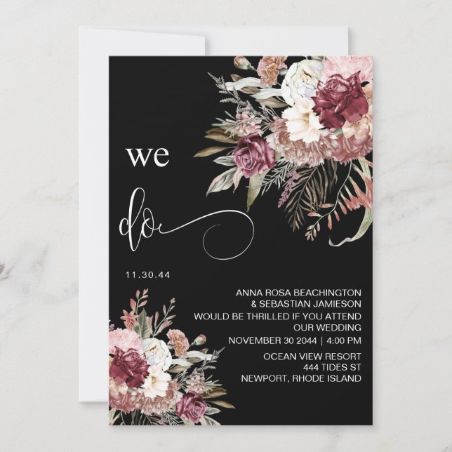 Invitación *~* Borgoña QR AR15 Rosa floral RSVP BODA I (Anverso)