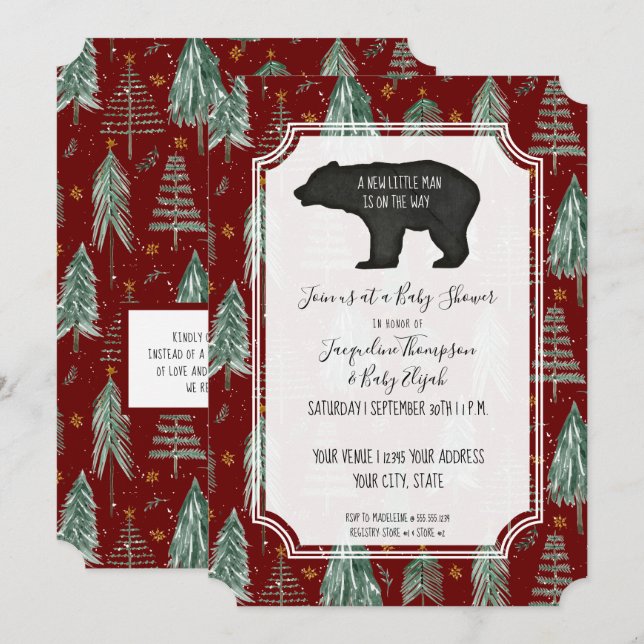 Invitación Borgoña Red Bear Woodland Forest Baby Shower (Anverso / Reverso)