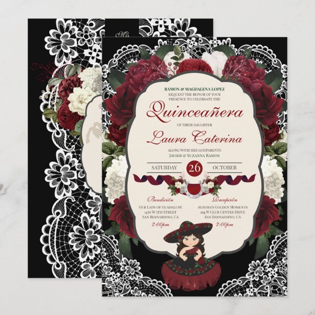 Invitación Borgoña Red Black Floral Elegante Carro Quince (Anverso / Reverso)