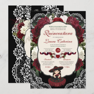 Invitación Borgoña Red Black Floral Elegante Carro Quince