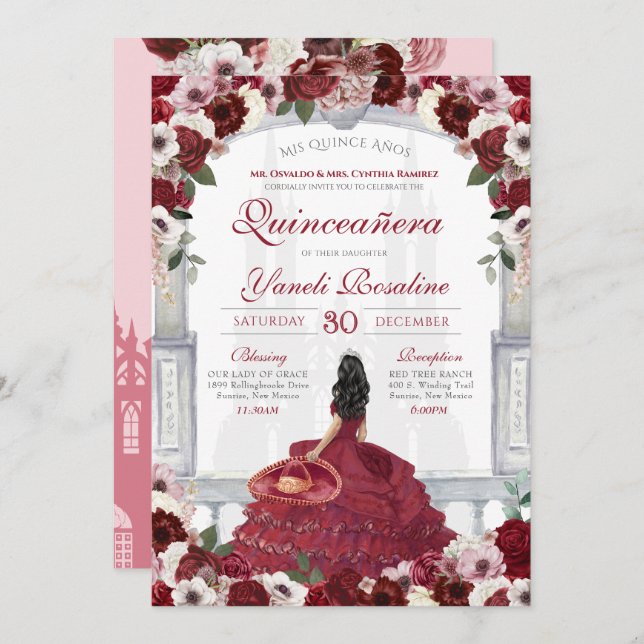 Invitación Borgoña Red Elegant Charro Princesa Quinceanera (Anverso / Reverso)
