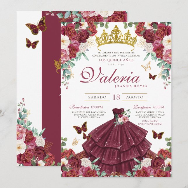 Invitación Borgoña Red Elegante Búttefly Princesa Quinceañera (Anverso / Reverso)
