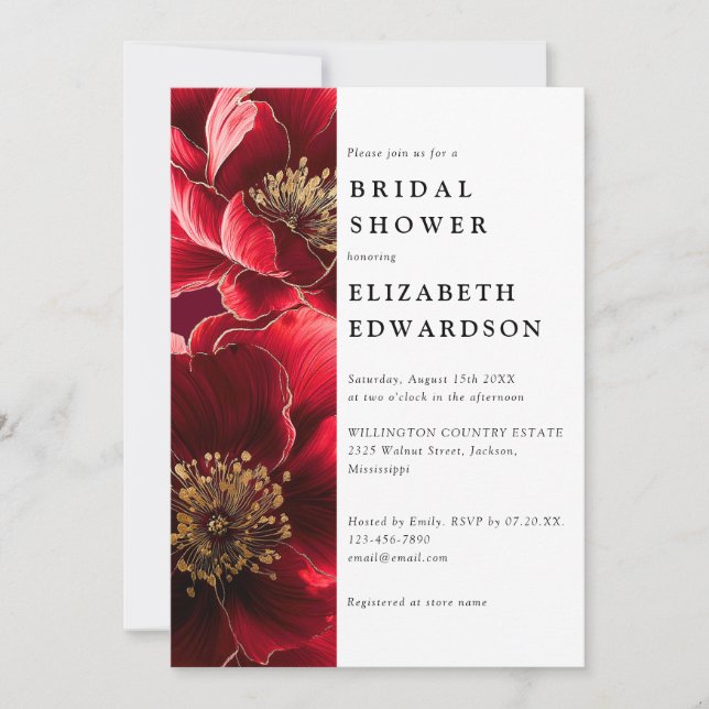 Invitación Borgoña Red Elegent Moda Floral Ducha Nupcial (Anverso)