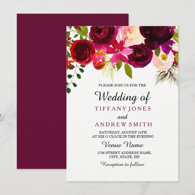 Invitación Borgoña Red Floral Boho Boda Opción 2 Invitar (Anverso / Reverso)