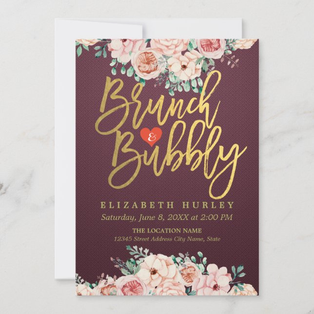Invitación Borgoña Red Floral Brunch Bubbly Bridal Shower (Anverso)