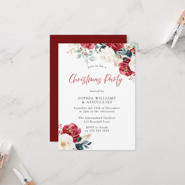 Invitación Borgoña Red Floral Company Fiesta de Navidades fam (Anverso/Reverso In Situ)