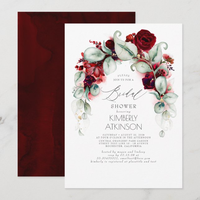 Invitación Borgoña Red Floral Elegante Ducha Bridal (Anverso / Reverso)
