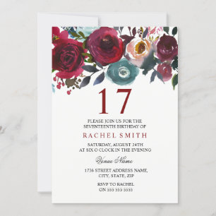 Invitación Borgoña Red Floral Elegante Invite a los 17 Años