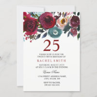 Borgoña Red Floral Elegante Invite a los 25 Años