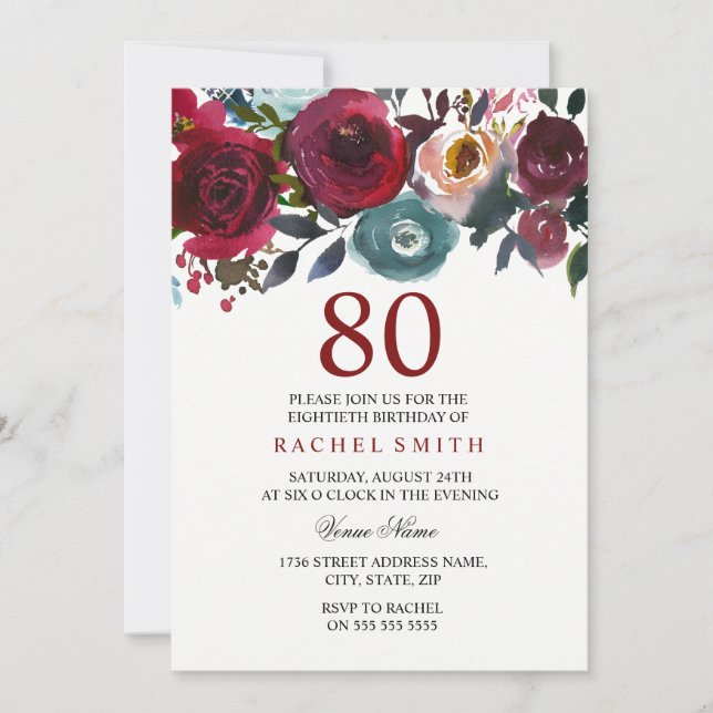 Invitación Borgoña Red Floral Elegante Invite de cumpleaños 8 (Anverso)