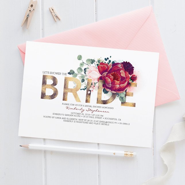 Invitación Borgoña Red Floral Gold Purpurina Bridal (Floral Bridal Shower Invitation)