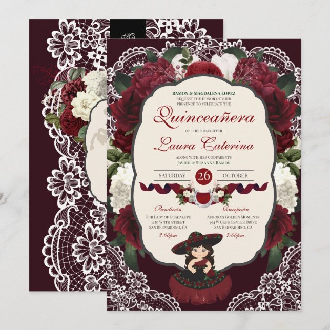Invitación Borgoña Red Floral Lace Charro Quinceanera (Anverso / Reverso)