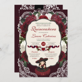 Invitación Borgoña Red Floral Lace Charro Quinceanera