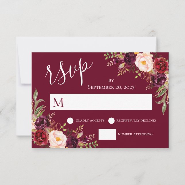 Invitación Borgoña Red Floral Mano Letrada Boda RSVP (Anverso)