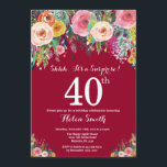 Invitación Borgoña Red Floral Sorpresa 40 cumpleaños<br><div class="desc">Borgoña Red Floral Sorpresa 40 cumpleaños Invitación para mujeres. Flor floral acuarela. Fondo Rojo Borgoña. Rosa, Amarillo, Naranja, Flor Púrpura. Cumpleaños de adultos. 13. 15. 16. 18. 20. 21. 30. 40. 50. 60. 70. 80. 90. 100. Cualquier edad. Para más personalización, haga clic en el botón "Personalizar" y utilice nuestra...</div>
