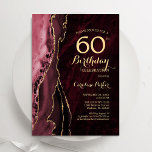 Invitación Borgoña Red Gold Agate 60 cumpleaños<br><div class="desc">Invitación a la fiesta de cumpleaños número 60 de Borgoña y oro. Elegante diseño moderno con color de agua de marsala roja oscura agate fondo geodésico de mármol, oro falso purpurina y letra de escritura tipográfica. La carta de invitación de moda es perfecta para una elegante celebración del cumpleaños de...</div>