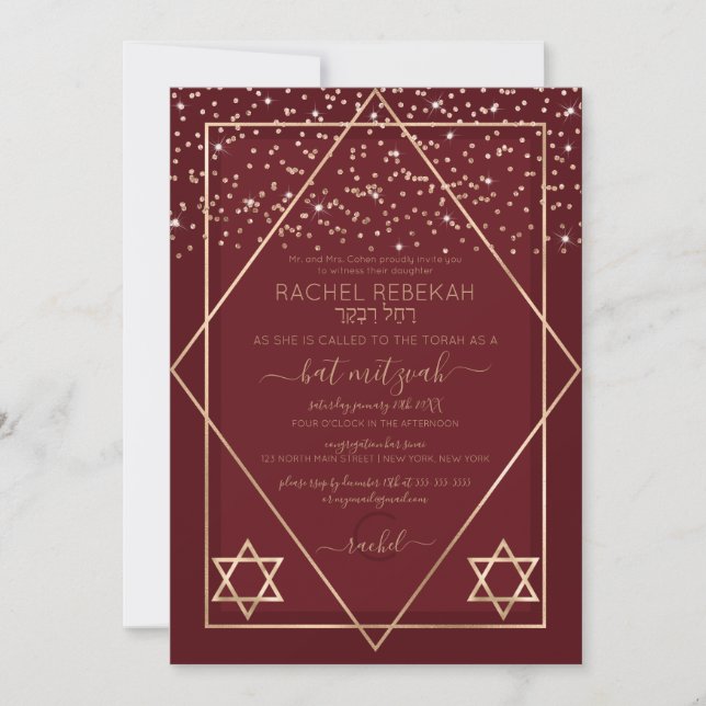 Invitación Borgoña Red Gold Confetti Border Bat Mitzvah (Anverso)
