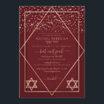 Invitación Borgoña Red Gold Confetti Border Bat Mitzvah<br><div class="desc">Esta elegante y moderna invitación a Bat Mitzvah es ideal para un evento formal y elegante. Presenta un falso purpurina de oro brillante impreso rociado sobre un delgado diamante geométrico y borde rectangular con una espesa frontera de color rojo burdeos debajo y un relleno rojo burdeos claro junto con estrellas...</div>