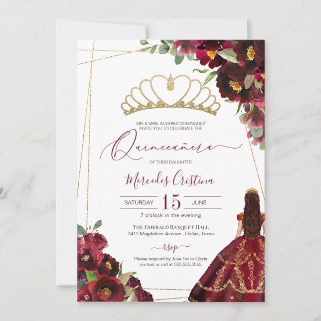 Invitación Borgoña Red Gold Elegante Floral Quince cumpleaños (Anverso)