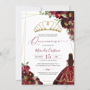 Invitación Borgoña Red Gold Elegante Floral Quince cumpleaños