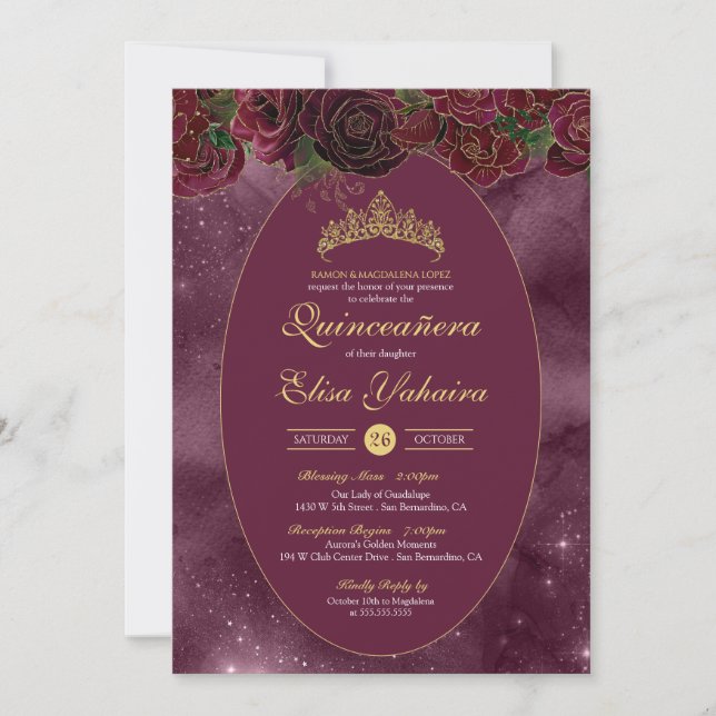 Invitación Borgoña Red Gold Elegante Quinceanera (Anverso)