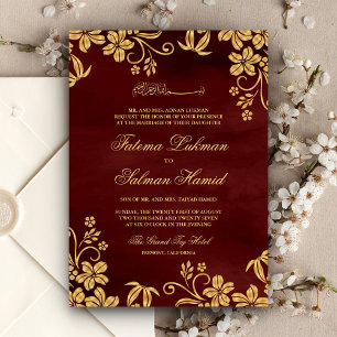 Invitación Borgoña Red Gold Floral Islam Muslim Boda