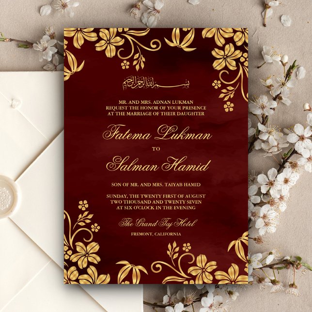 Invitación Borgoña Red Gold Floral Islam Muslim Boda (Subido por el creador)