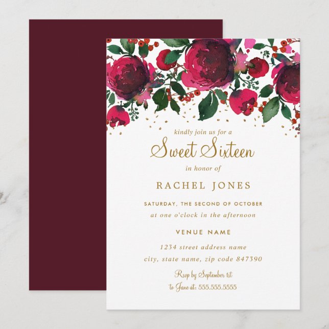 Invitación Borgoña Red Gold Floral Sweet Dieciséis cumpleaños (Anverso / Reverso)