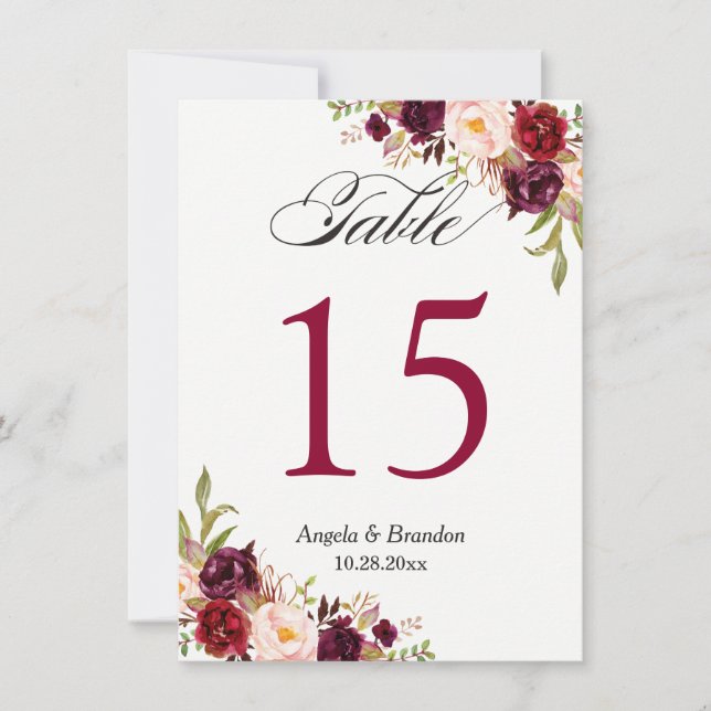 Invitación Borgoña Red Marsala Boda Floral Número de tabla (Anverso)