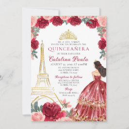 Invitación Borgoña Red Pink Gold Tiara Paris Quinceañera
