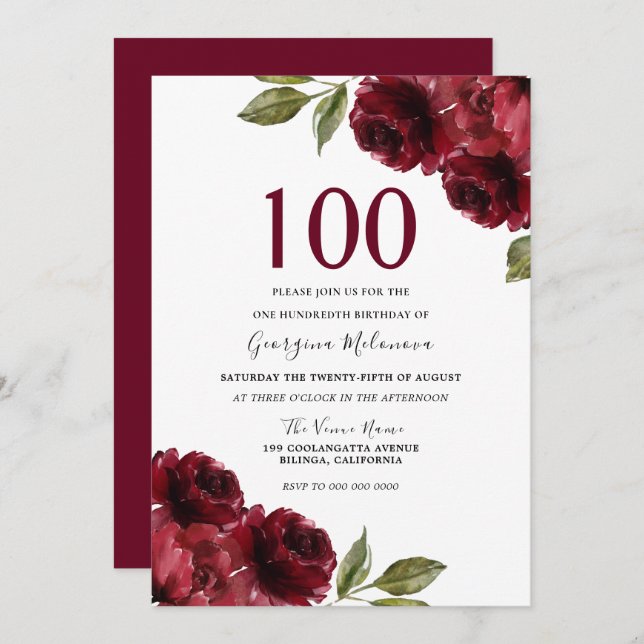 Invitación Borgoña Red Rose Floral Mujeres 100 años (Anverso / Reverso)