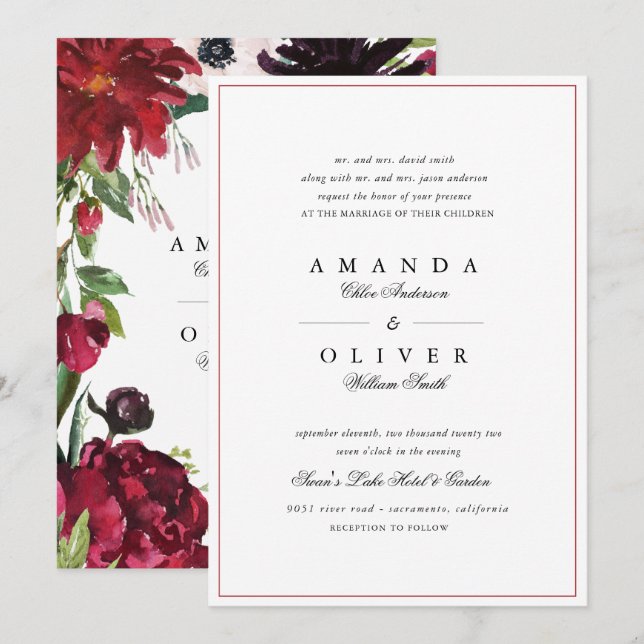 Invitación  Borgoña Red Rubor Floral Elegante Boda Clásico (Anverso / Reverso)