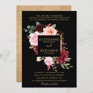 Invitación Borgoña Red Rubor Floral Rustic Boho Boda