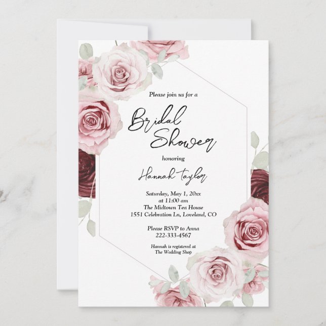 Invitación Borgoña Red Rubor Pink Floral Bridal Shower (Anverso)