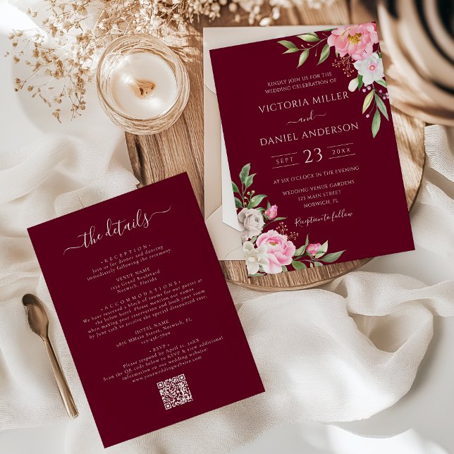 Invitación Borgoña Red Rubor Pink Floral Elegante Boda (Subido por el creador)