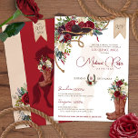 Invitación Borgoña Red Western Charro Español Quinceanera<br><div class="desc">Esta invitación a un charro floral de rosa roja y crema es muy buena para una quinceañera de invierno, pero puede ser usada en cualquier momento. Con hermosas rosas negras, rojas marrones y blancas crema, un spray con flores de pluma boho, un sombrero negro de charro, acentos de cuerda y...</div>