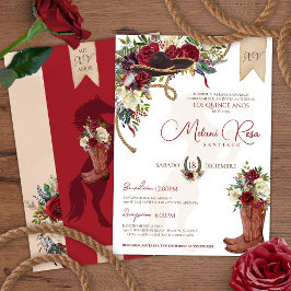 Invitación Borgoña Red Western Charro Español Quinceanera