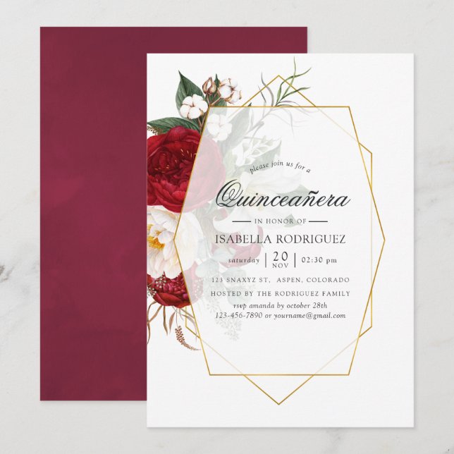 Invitación Borgoña Red & White Floral Geométrica Quinceañera (Anverso / Reverso)