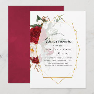 Invitación Borgoña Red & White Floral Geométrica Quinceañera