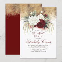 Borgoña Red y Blanco Floral Elegante Cumpleaños
