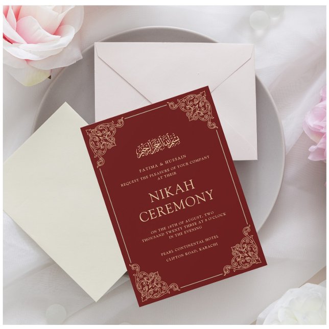 Invitación Borgoña Roja Nikah Boda musulmana islámica (Subido por el creador)
