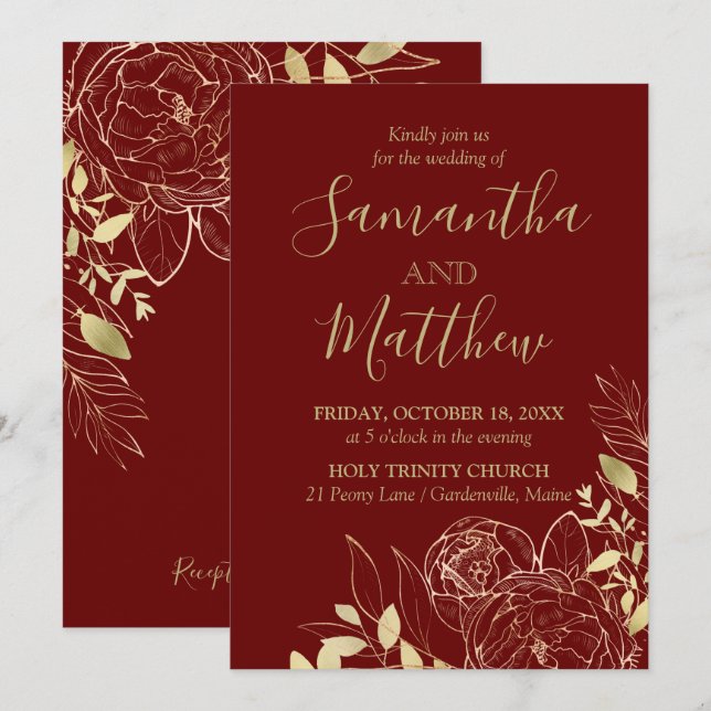 Invitación Borgoña roja oscura y Boda moderno Gold Peony (Anverso / Reverso)