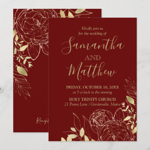 Invitación Borgoña roja oscura y Boda moderno Gold Peony
