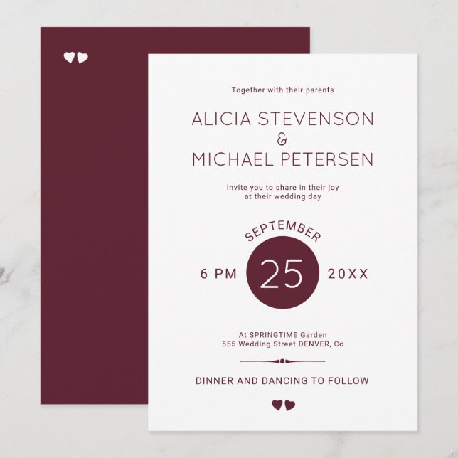 Invitación Borgoña roja y boda blanco simple y elegante (Anverso / Reverso)