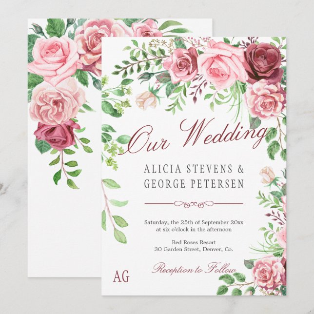 Invitación Borgoña roja y Boda de monograma Rubor rosa (Anverso / Reverso)