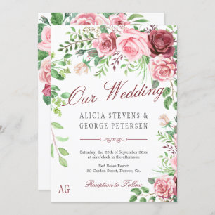 Invitación Borgoña roja y Boda de monograma Rubor rosa