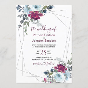 Invitación Borgoña roja y boda floral azul polvoriento de inv
