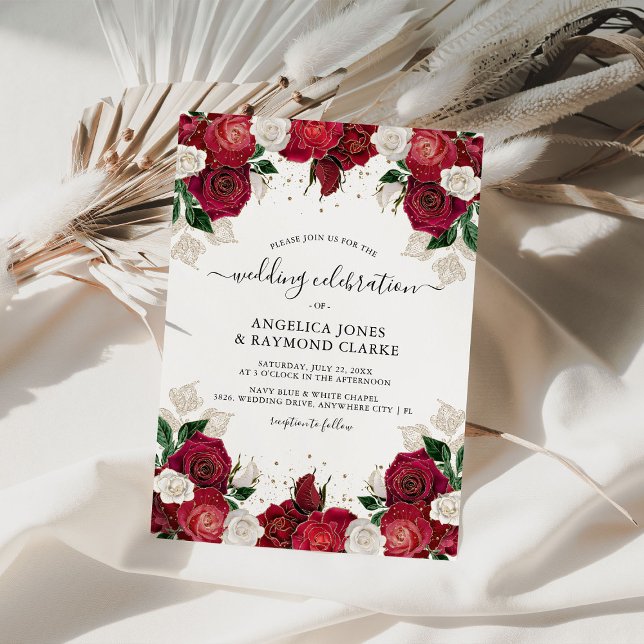 Invitación Borgoña Roja y Boda Floral Blanca Elegante (Subido por el creador)