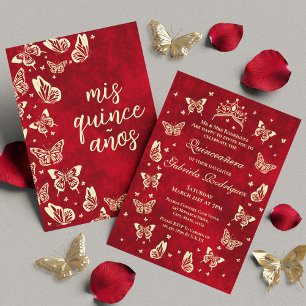 Invitación Borgoña roja y quinceañera dorada mariposa tiara