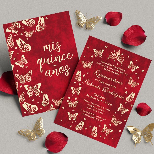 Invitación Borgoña roja y quinceañera dorada mariposa tiara (Red Burgundy and Gold Quinceañera Tiara Butterfly Invitation)